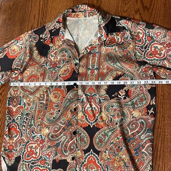 SHEIN multi paisley floral Boho satin feel button down shirt oversized Small - Picture 8 of 11